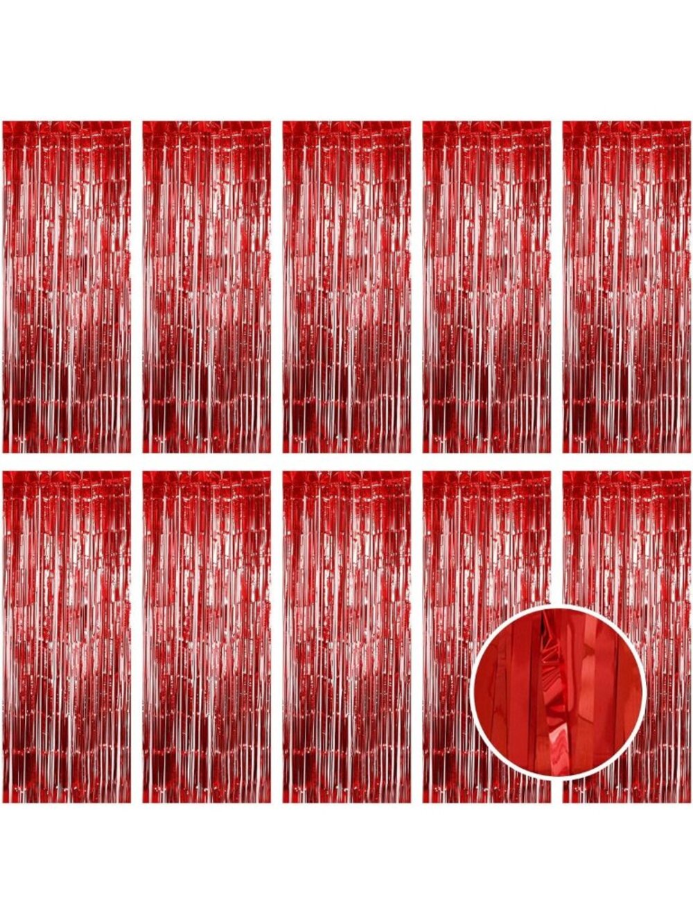 10 Pack Red Foil Fringe Curtains 3.2ft x 9.8ft - Metallic Tinsel Backdrop for